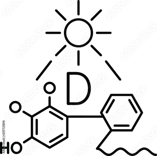Vitamin d molecule with sun rays and chemical structure for scientific and health poster.