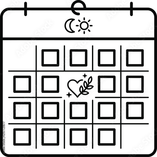 Monthly calendar with heart and sun icons for planning healthy habits and daily wellness.