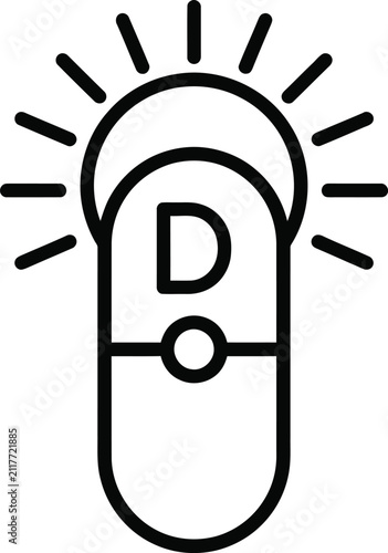 Vitamin d capsule icon with sun rays for dietary supplement and healthy lifestyle concept.