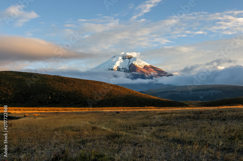 Majestic snow-capped Cotopaxi volcano at sunset in the Ecuadorian Andes.