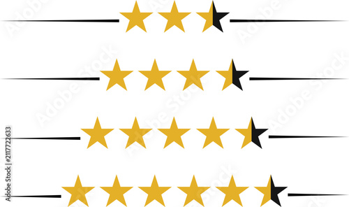 Set of gold star rating icons with partial half stars isolated on transparent background