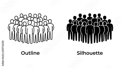 Canvastavla Two Silhouettes of People Group: A line art icon of a crowd and a black silhouette icon of a crowd, side by side