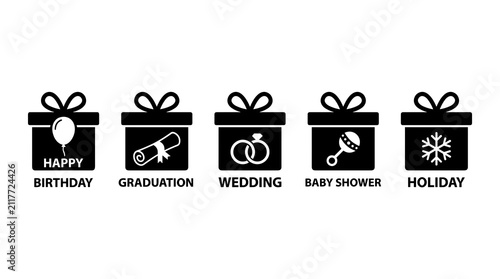 Gift box icon set for various celebrations.