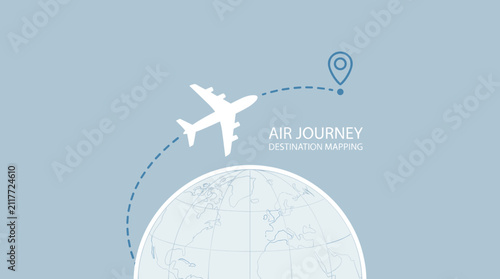 Global flight mapping icon with airplane and destination pin.