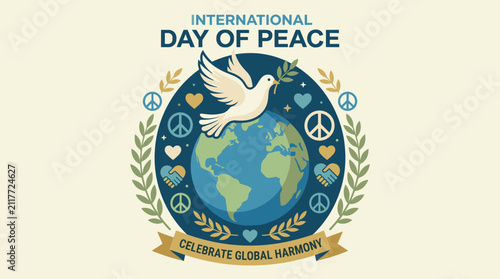 Global harmony emblem with globe and peace symbols.
