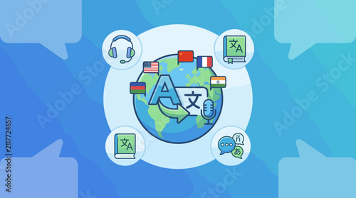 Global language learning mobile app interface and educational icons.