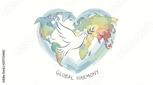 Global harmony world map heart with peace dove.