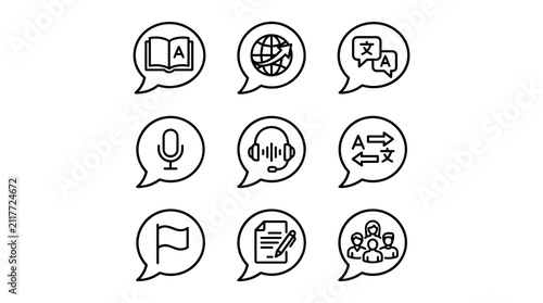 Global language translation and communication speech bubble icons.