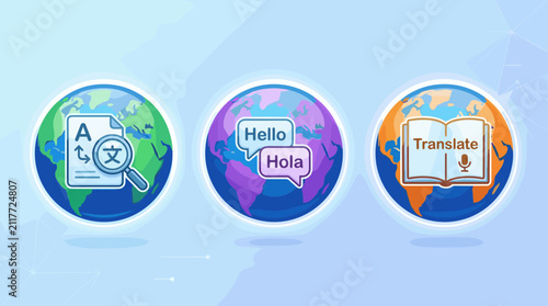 Glossy 3D language learning and global translation icons.