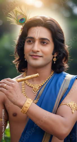 Lord Krishna portrait with flute and peacock feather devotional illustration