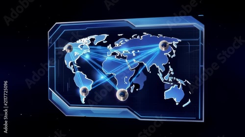 Global network connections visualized on a digital world map with glowing blue lines and data points