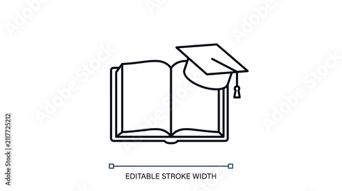 Graduation mortarboard and open book line icon.