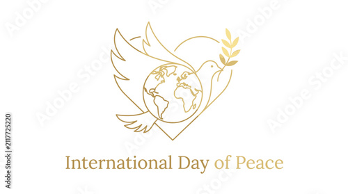Gold line art dove heart peace day logo.