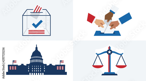 Graphic icon set for democracy, law, and government.