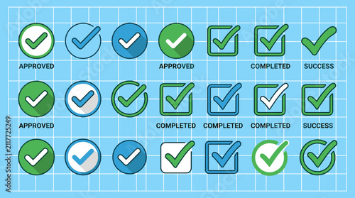 Green and blue checkmarks on grid background.