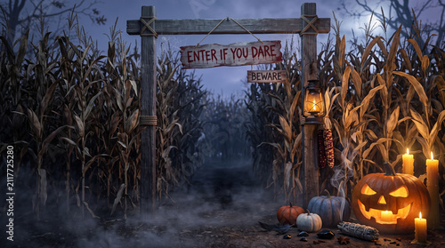 Creepy corn maze entrance with wooden enter if you dare sign surrounded by pumpkins and fog. Atmospheric Halloween harvest festival pathway for spooky autumn backgrounds