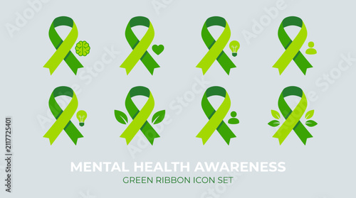 Green ribbon icon set for mental health awareness advocacy.