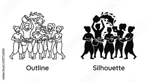 Traditional Thai Ceremony: A depiction of a traditional Thai water pouring ceremony, illustrating community spirit and cultural heritage through a line art and silhouette illustration.
