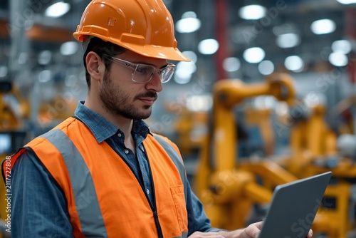 Engineer wearing hard hat and safety glasses uses laptop checklist dashboard in robotic factory, reviewing inspection, safety compliance, quality control, manufacturing verification process.