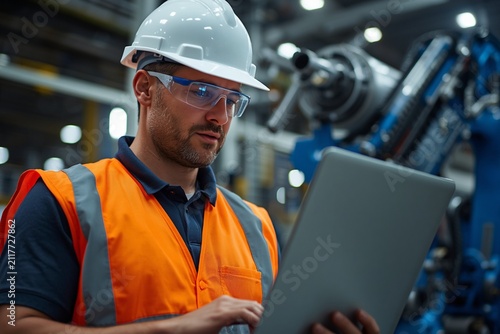 Engineer wearing hard hat and safety glasses uses laptop checklist dashboard in robotic factory, reviewing inspection, safety compliance, quality control, manufacturing verification process.