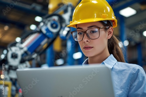Engineer wearing hard hat and safety glasses uses laptop checklist dashboard in robotic factory, reviewing inspection, safety compliance, quality control, manufacturing verification process.
