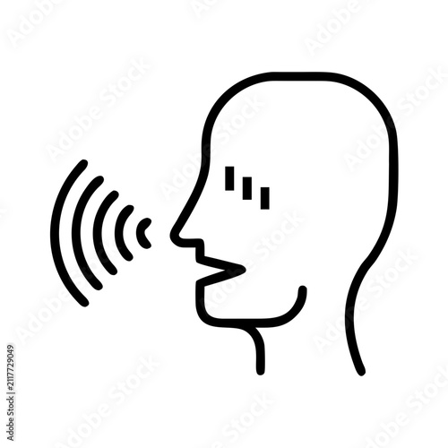 Voice recognition icon sound waves speaking human head outline symbol.