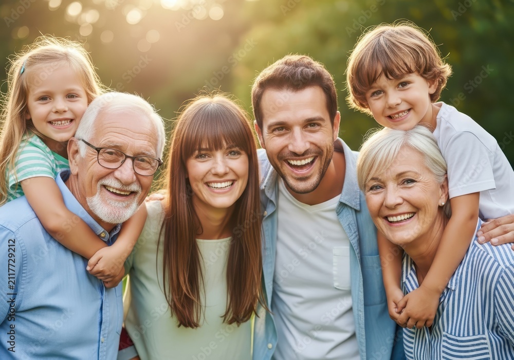 Obraz premium Happy Three-Generation Family Portrait Smiling Together in Sunny Outdoor Park Garden