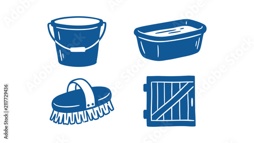 Bild auf Leinwand Blue hand drawn vector icons of horse grooming and stable equipment including bu