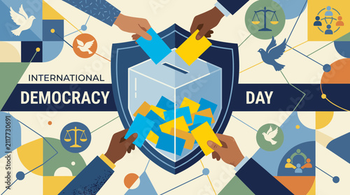 Hands casting votes into ballot shield for democracy day.