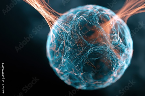 Luminous Spherical Ai Node Merges Two Conversation Streams With Glowing Threads in a Dark Space