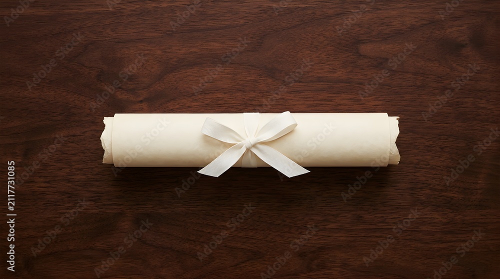 Fototapeta premium Rolled parchment paper scroll tied with white ribbon on wooden table