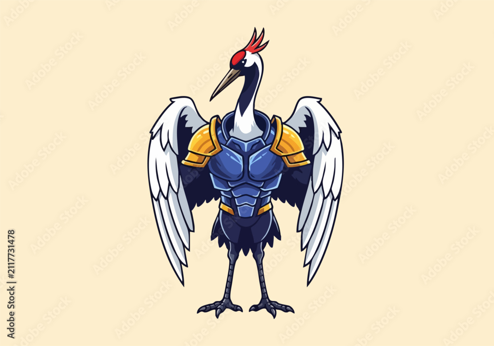 Naklejka premium Armored crane bird with wings spread wide