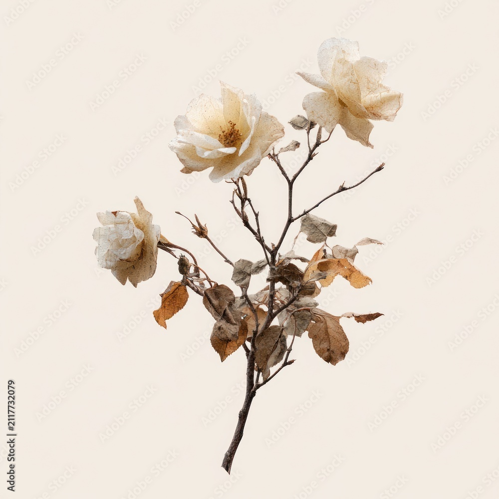 Fototapeta premium Delicate dried white rose branch on soft neutral background