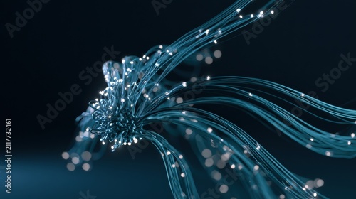 Bright AI Node Orchestrating Streams of Light in a Deep Navy Void With a Cinematic 3D Perspective and Empty Space on the Left Side