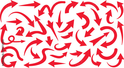 Obraz na płótnie Arrows in red featuring diverse curved paths and swirling motions cover the entire white background surface