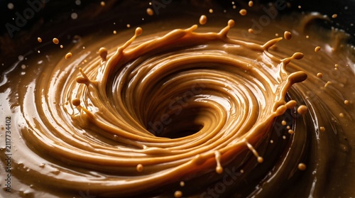 Dynamic close-up shot of creamy peanut butter swirling into a mesmerizing vortex, capturing its rich, thick texture and delicious splashes of movement