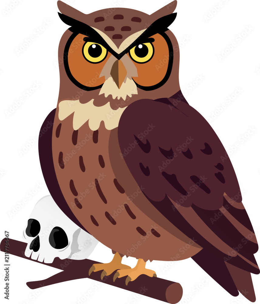 Fototapeta premium Owl perched on branch with skull, featuring brown and orange feathers and intense yellow eyes, creating mysterious and eerie atmosphere