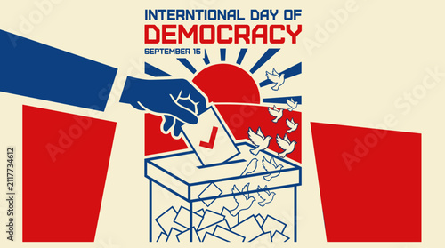 International Day of Democracy poster with ballot box illustration.