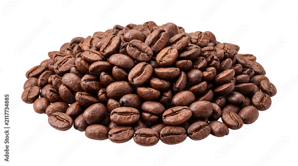Obraz premium Pile of roasted coffee beans on black png isolated on transparent background