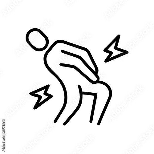 Human back pain icon showing man holding spine with spark indicators.