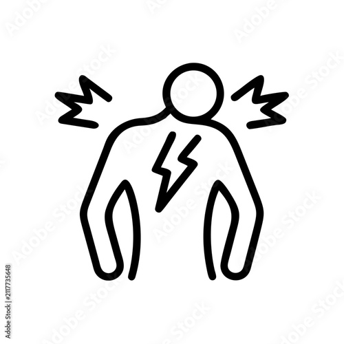 Man suffering from back pain, line art icon, vector stock illustration.