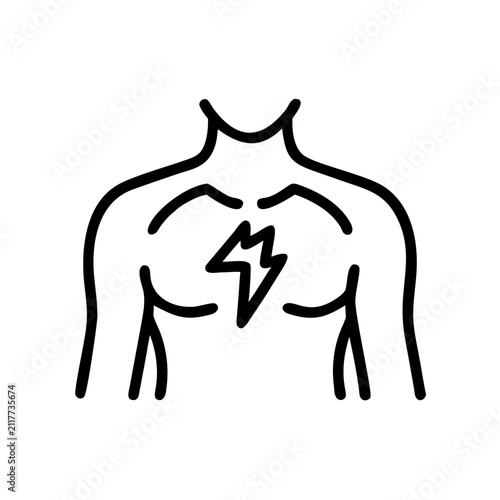 Man suffering from chest pain, line art icon, vector stock illustration.