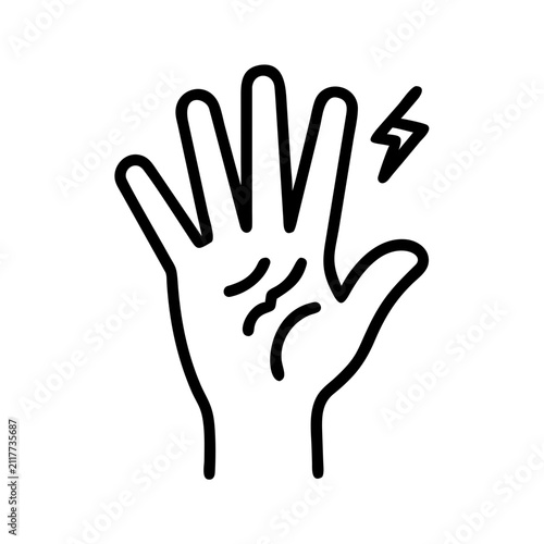 Hand pain icon electric shock palm pain discomfort symbol.