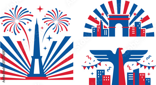 Fireworks, Landmark And Eagle Illustrations,