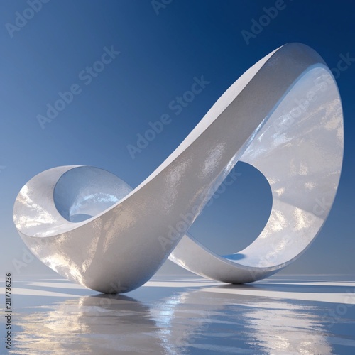A futuristic white abstract infinity sculpture against a blue sky