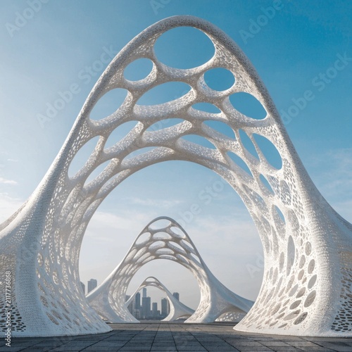 A futuristic white organic architecture arch pavilion against a blue sky
