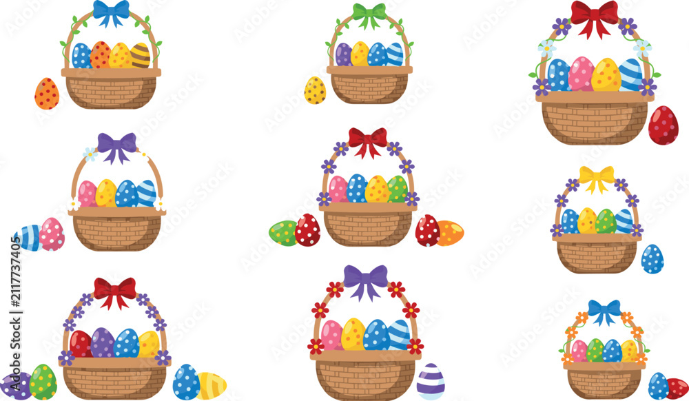 Naklejka premium Colorful Easter Basket Vector Set Featuring Painted Eggs Ribbon Bows and Floral Ornaments for Spring Holiday Designs