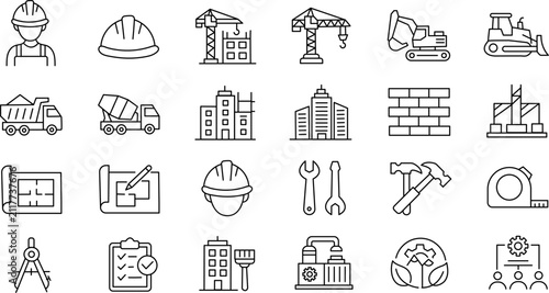 Construction thin line icon set crane excavator bulldozer worker helmet