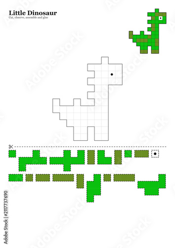Little dinosaur pixel art template for cut and assemble activity  