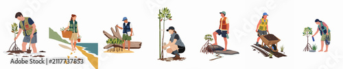Collection of flat vector illustrations depicting volunteers engaged in mangrove restoration and coastal ecosystem conservation activities.